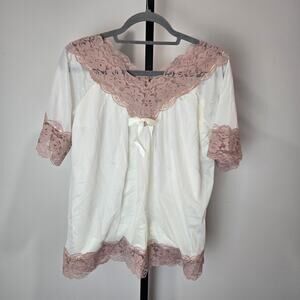Vintage Durrell Coquette Lace Trim Lingerie Top Ivory Mauve Bows Fairy Large USA